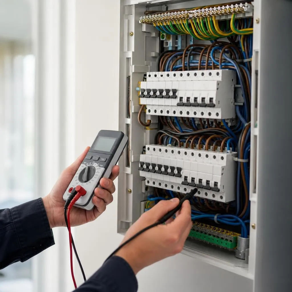 CBD Power Services electrician testing a residential switchboard on a Hills District job